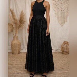 Milly Metallic Lace Jersey Combo Maxi Gown in Black